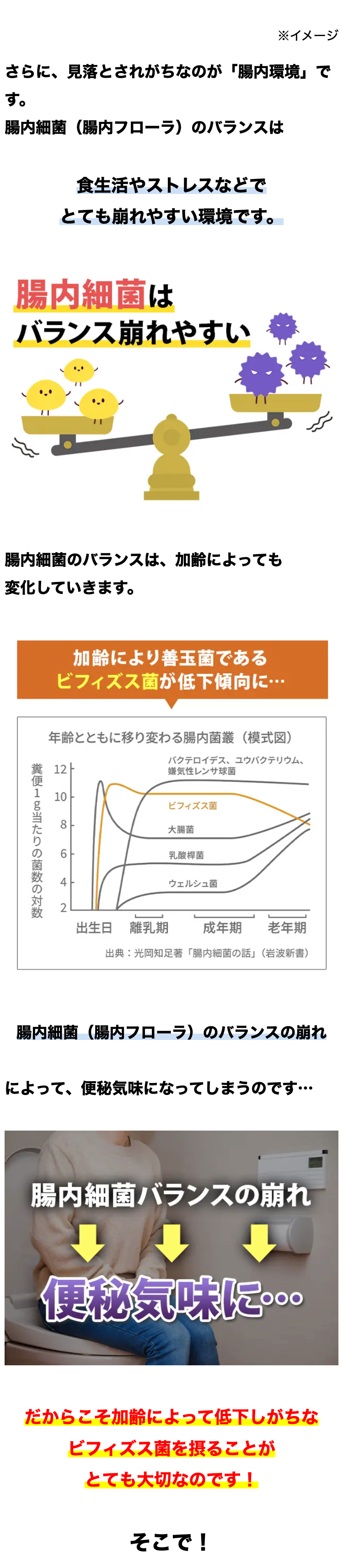 ※イメージ
さらに、見落とされがちなのが 「腸内環境」で
す。
腸内細菌 腸内フローラ) のバランスは
食生活やストレスなどで
とても崩れやすい環境です。