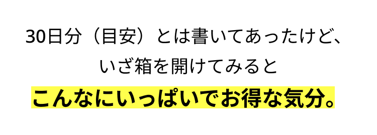 30日分 (目安) とは書いてあったけど、
いざ箱を開けてみると
こんなにいっぱいでお得な気分。