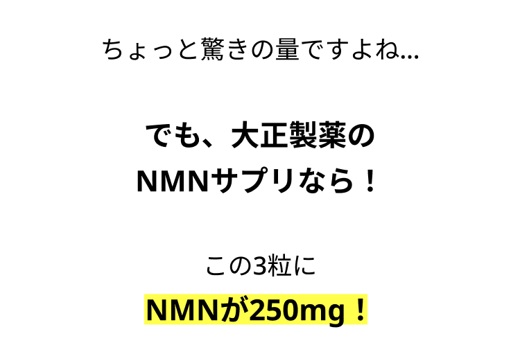 ちょっと驚きの量ですよね...
でも、大正製薬の
NMNサプリなら!
この3粒に
NMNが250mg !