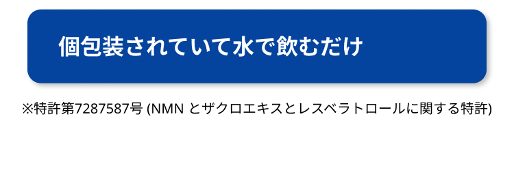 個包装されていて水で飲むだけ
※特許第7287587号 (NMN とザクロエキスとレスベラトロールに関する特許)