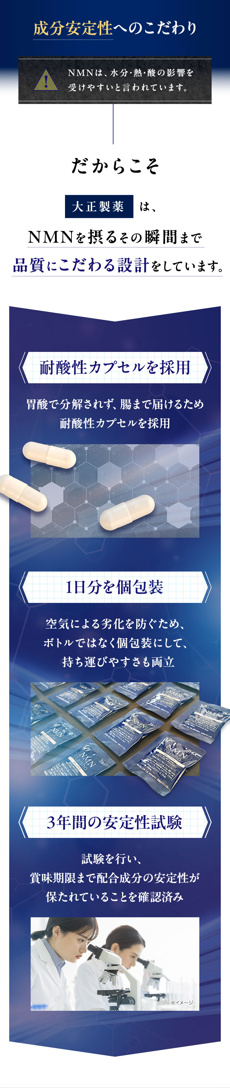 成分安定性へのこだわり
NMNは、水分・熱・酸の影響を
受けやすいと言われています。
だからこそ
大正製藥
は、
NMNを摂るその瞬間まで
品質にこだわる設計をしています。
耐酸性カプセルを採用
胃酸で分解されず、腸まで届けるため
耐酸性カプセルを採用
1日分を個包装
空気による劣化を防ぐため、
ボトルではなく個包装にして、
持ち運びやすさも両立
NMN
NMN
taishe
NMN
NMN
ish
STRONXOX T
NMN
taisho
トール25mg
ラス
3年間の安定性試験
試験を行い、
賞味期限まで配合成分の安定性が
保たれていることを確認済み
※イメージ