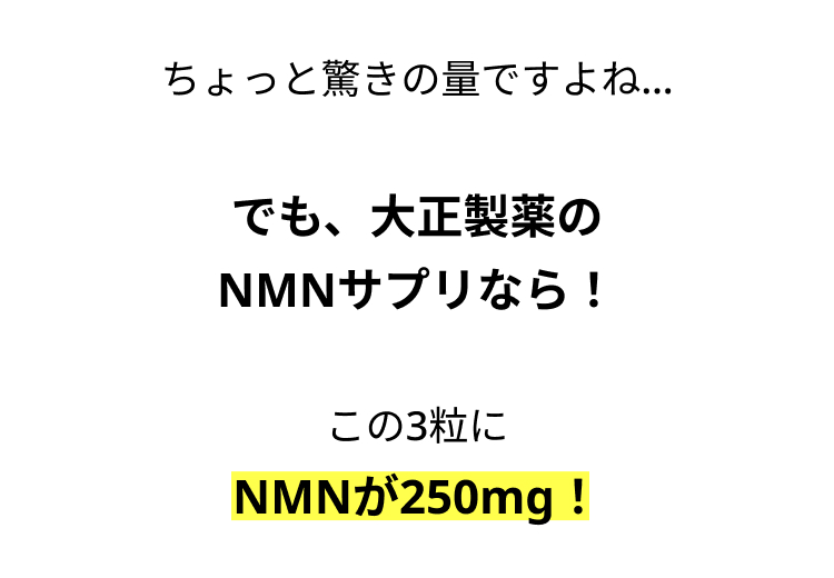 ちょっと驚きの量ですよね...
でも、大正製薬の
NMNサプリなら!
この3粒に
NMNが250mg!
