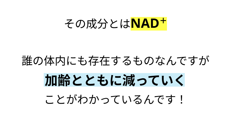 その成分とはNAD+
誰の体内にも存在するものなんですが
加齢とともに減っていく
ことがわかっているんです!