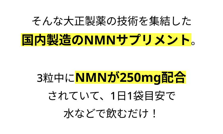 そんな大正製薬の技術を集結した
国内製造のNMNサプリメント。
3粒中にNMNが250mg配合
されていて、1日1袋目安で
水などで飲むだけ!
