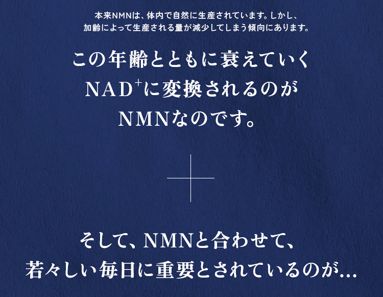 本来NMNは、体内で自然に生産されています。 しかし、加齢によって生産される量が減少してしまう傾向にあります。この年齢とともに衰えていくNADに変換されるのがNMNなのです。そして、NMNと合わせて、若々しい毎日に重要とされているのが...