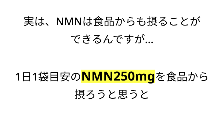 実は、NMNは食品からも摂ることが
できるんですが…..
1日1袋目安のNMN250mgを食品から
摂ろうと思うと