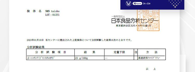 大正製薬のNMNサプリは高品質NMN原料の純度99%以上第三者機関にて分析試験済み