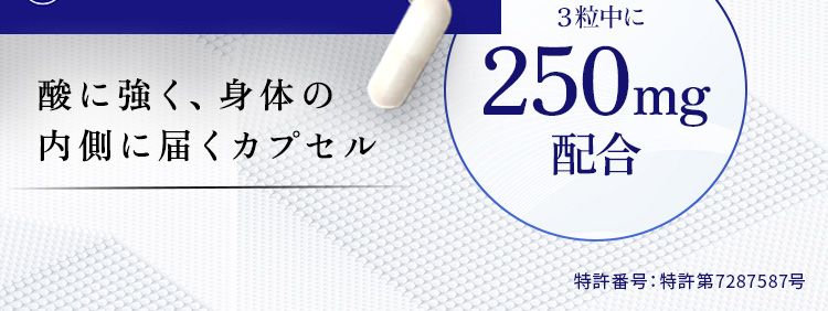 ※在庫には限りがございますので、お早めにお買い求めください。サプリメントなどで効率よく摂取するのが大変有効です。
大正製薬だけの配合NMN原料の純度99%以上酸に強く、 身体の内側に届くカプセル 3粒中に250mg配合