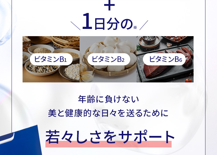 +1日分の/ビタミンB1ビタミンB2ビタミンB6
年齢に負けない美と健康的な日々を送るために若々しさをサポート